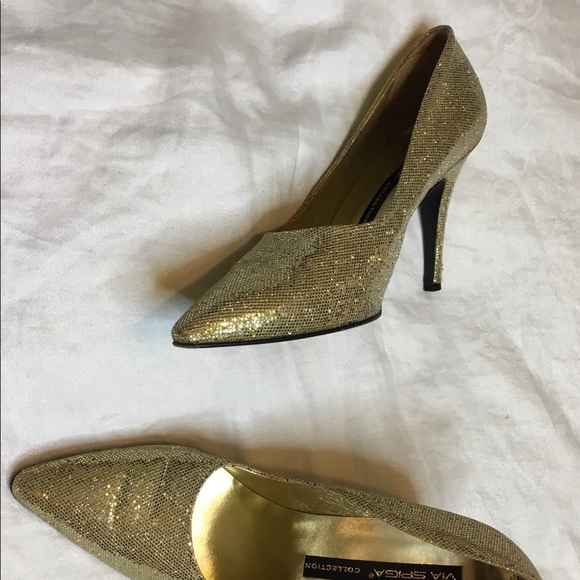 Via Spiga Women Sz 9B High Heel Gold GLitter Pumps - Picture 3 of 8